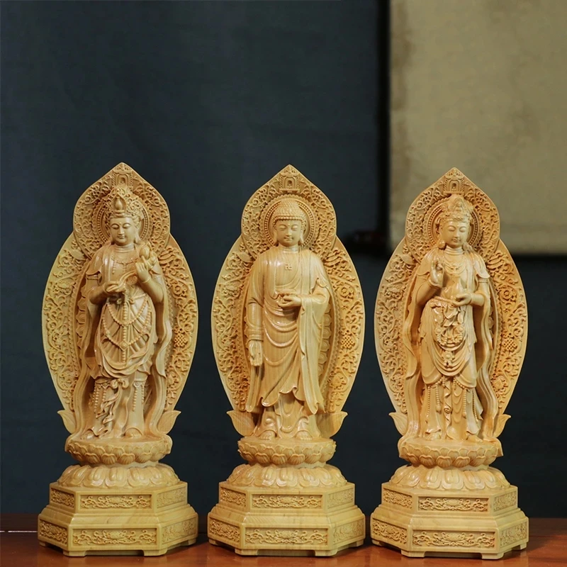 

20cm Wood Carved Buddha Statue, Buddhist Decoration, Amitabha, Guanyin, Bodhisattva, Western Trinity, Feng Shui