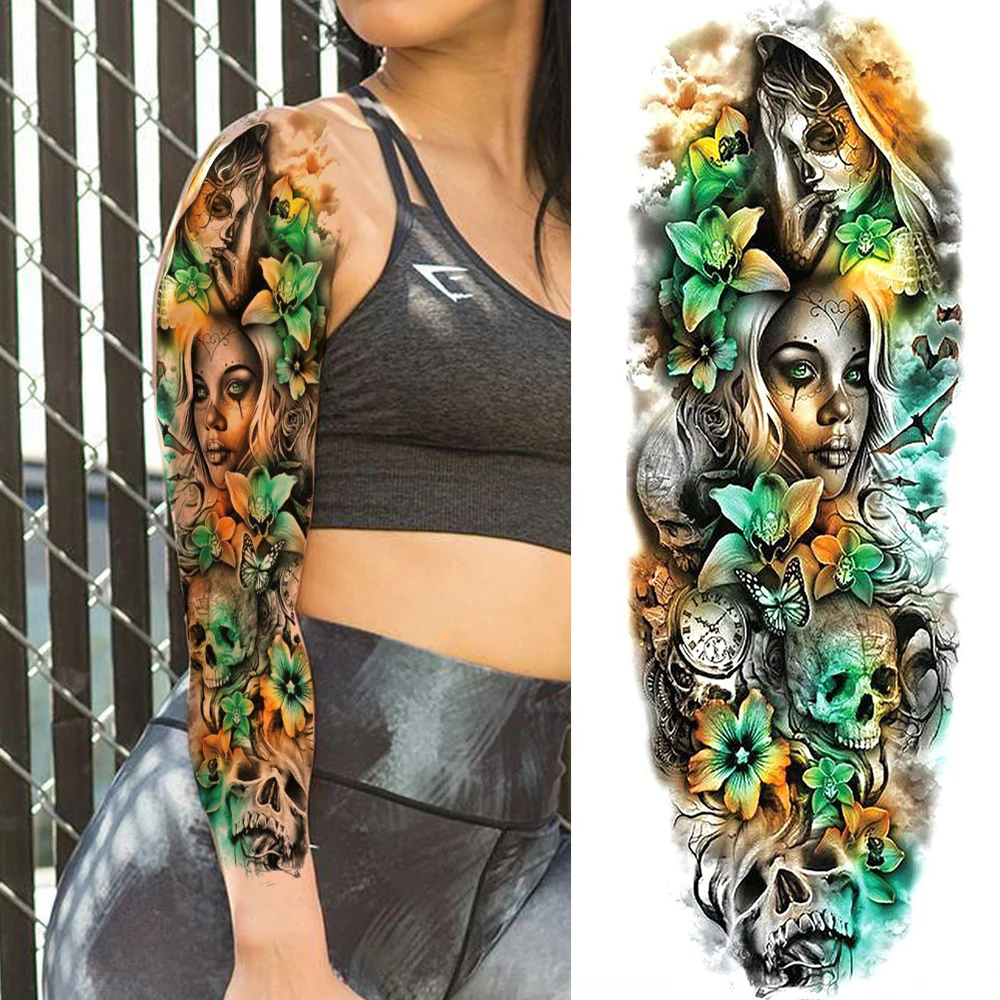 Sexy Skull Temporary Sleeve Tattoos For Women Girls Body Art Tatoos Full Arm Sleeve Tattoo Temporary Fake Washable Flower Decor