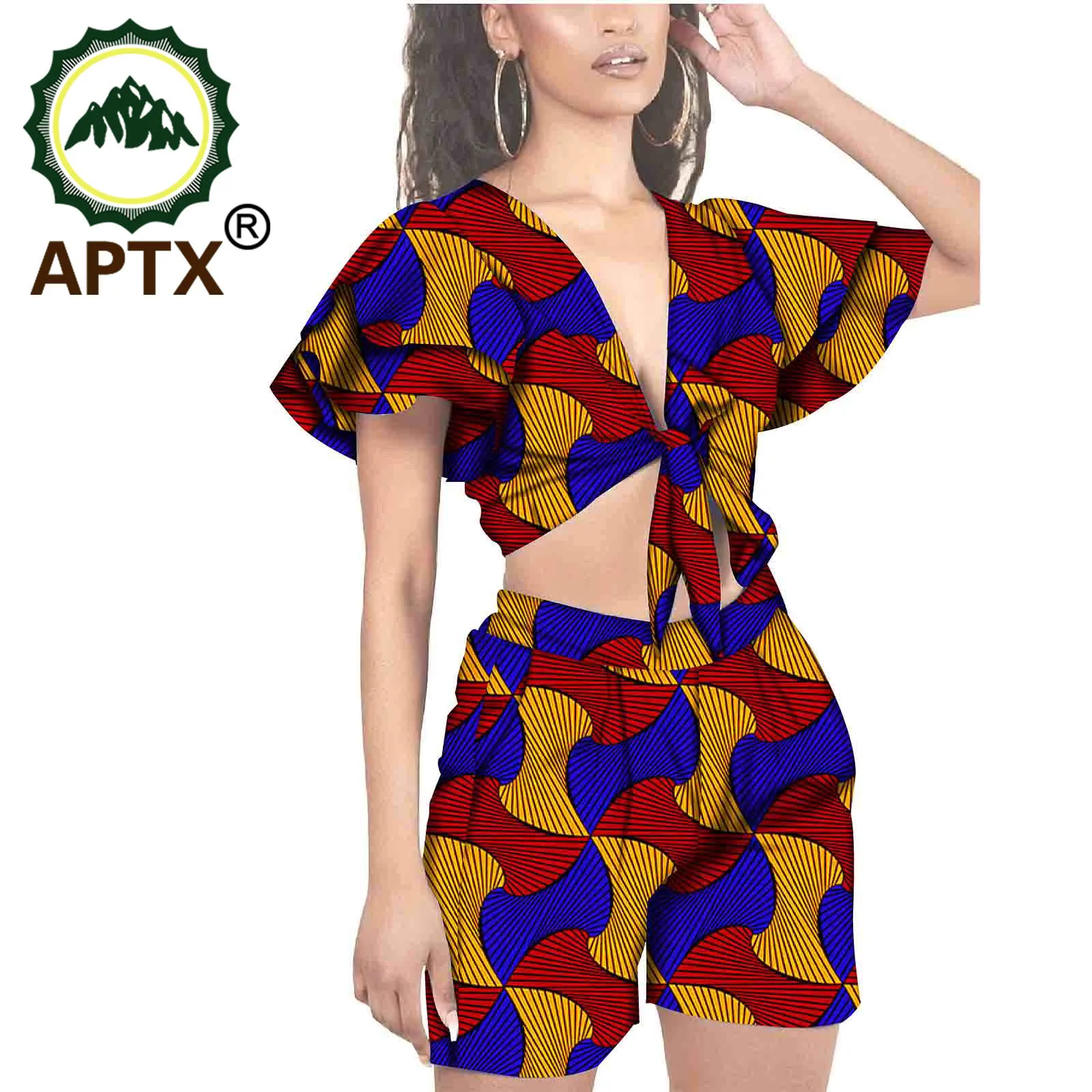 African Women Clothing Ankara Style V Collar Short Sleeve Female Set 2 Pcs Fashion Shorts Wax Pure Cotton Sexy Loungewear Suit