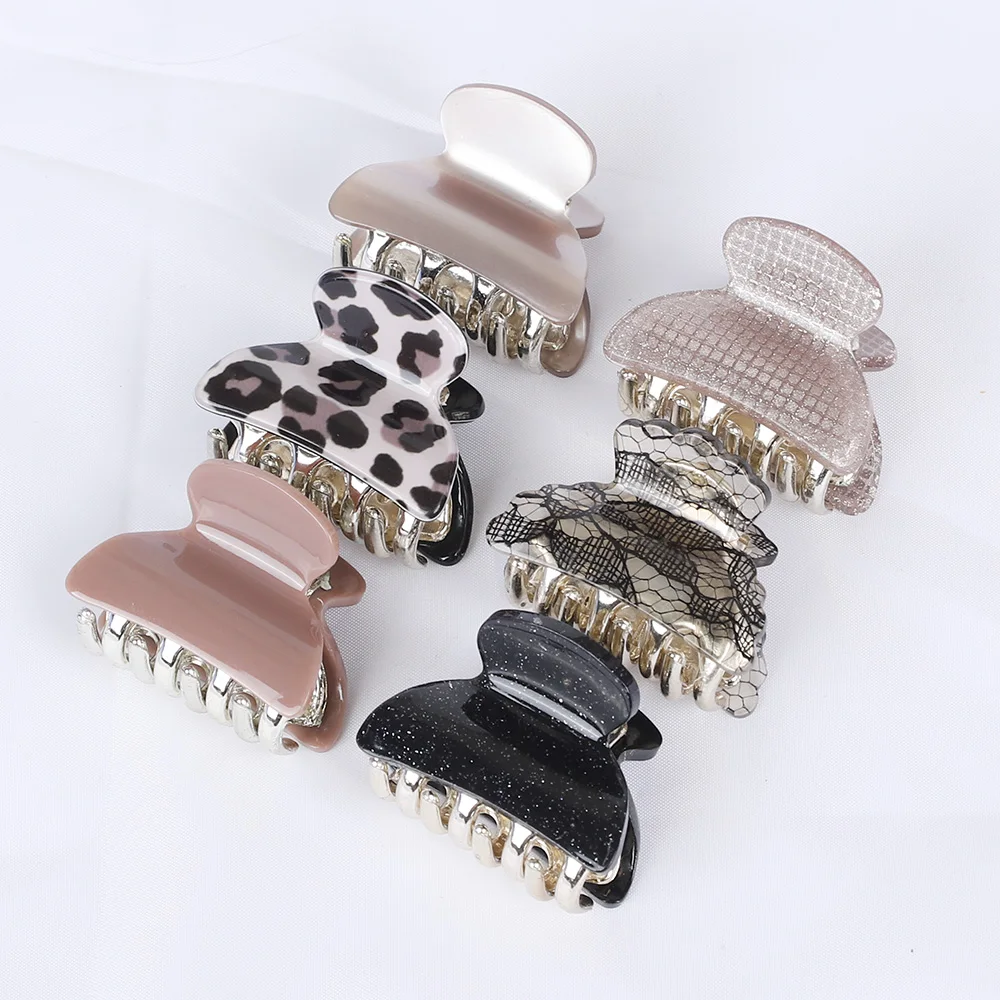 6Pcs Acetaat Acryl Kleine Krab Haar Klauw Clips Vrouwen Meisjes Leuke Print Leopard Plastic Haar Klemmen Baret Haar Accessoires set