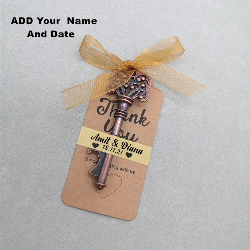 Hochzeitsgeschenke für Gäste Souvenirs Partygeschenke Kupferfarbener Skelettschlüssel Flaschenöffner mit personalisiertem Namensaufkleber – Detail 10