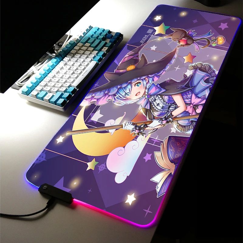 

Cute White Hair Girl Rem RGB LED Light Gaming Accessories Led Large MousePad Anime Re Zero Keyboard DeskMat Game LOL Room Carpet