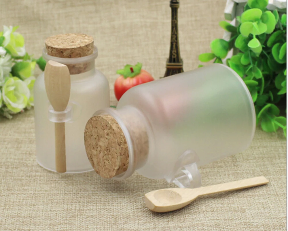 10pcs/Lot 100ml/200ml Empty Plastic Facial Mask Container Bath Salt Bottle With Wooden Spoon Cosmetic Refillable Jar wholesell