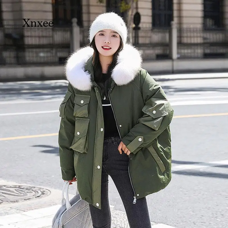 

2021 Winter Hooded Coat New Rabbit Fur Big Fur Collar Tooling Loose Thick Down Jacket Women Short White Duck Down Warm Outwear