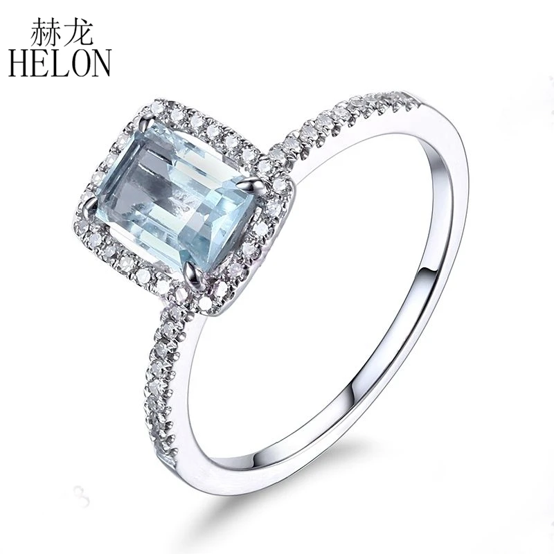 

HELON Solid 10K White Gold Cushion 7x5mm Natural Aquamarine Diamonds Engagement Wedding Ring Gemstone Diamonds Fine Jewelry Ring