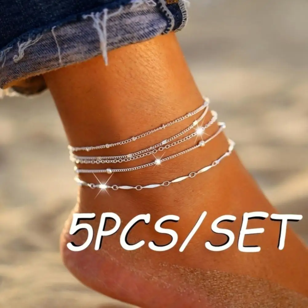 Hot Sale 5Pcs/Set Hot Sale Silver Color Style Fashion Anklet Bracelet on The Leg 2022New Fashion Summer Beads Beach Foot Jewelry