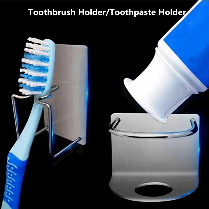 1/2pcs Bathroom Wall Mounted Stainless Steel Toothbrush Hook Toothpaste Holder