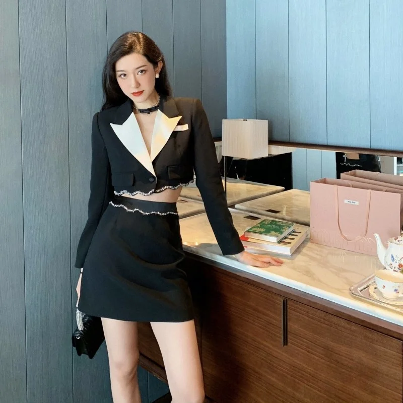 New 2022 Fashion Elegant Suits Skirt Sets Womens Spring Autumn Short Slim Long Sleeve Blouse Casual Skirt Two-Piece Suit