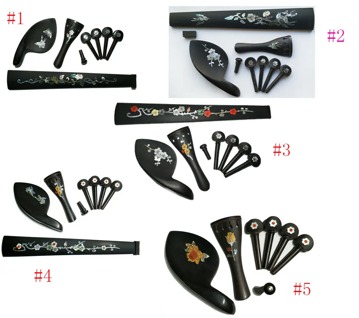 

Ebony inlay Pearl shells Violin Accessories Set, 4/4 Size Violin Fingerboard Tailpiece Pegs Endpin Chinrest