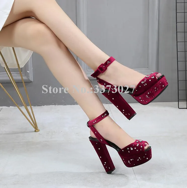 New Crystal Chunky Heel Platform Sandals Women Sexy Peep Toe Wine Red Rhinestone Wedding Shoes Lady Popular Banquet Shoes