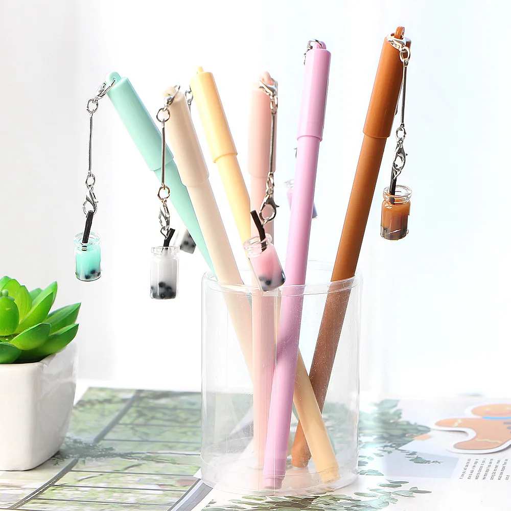 2 Pcs Kawaii Bubble Tea Bottle Pendant 0.5mm  Gel Pens Black Ink Signature Pens School Office Child Gift Stationery