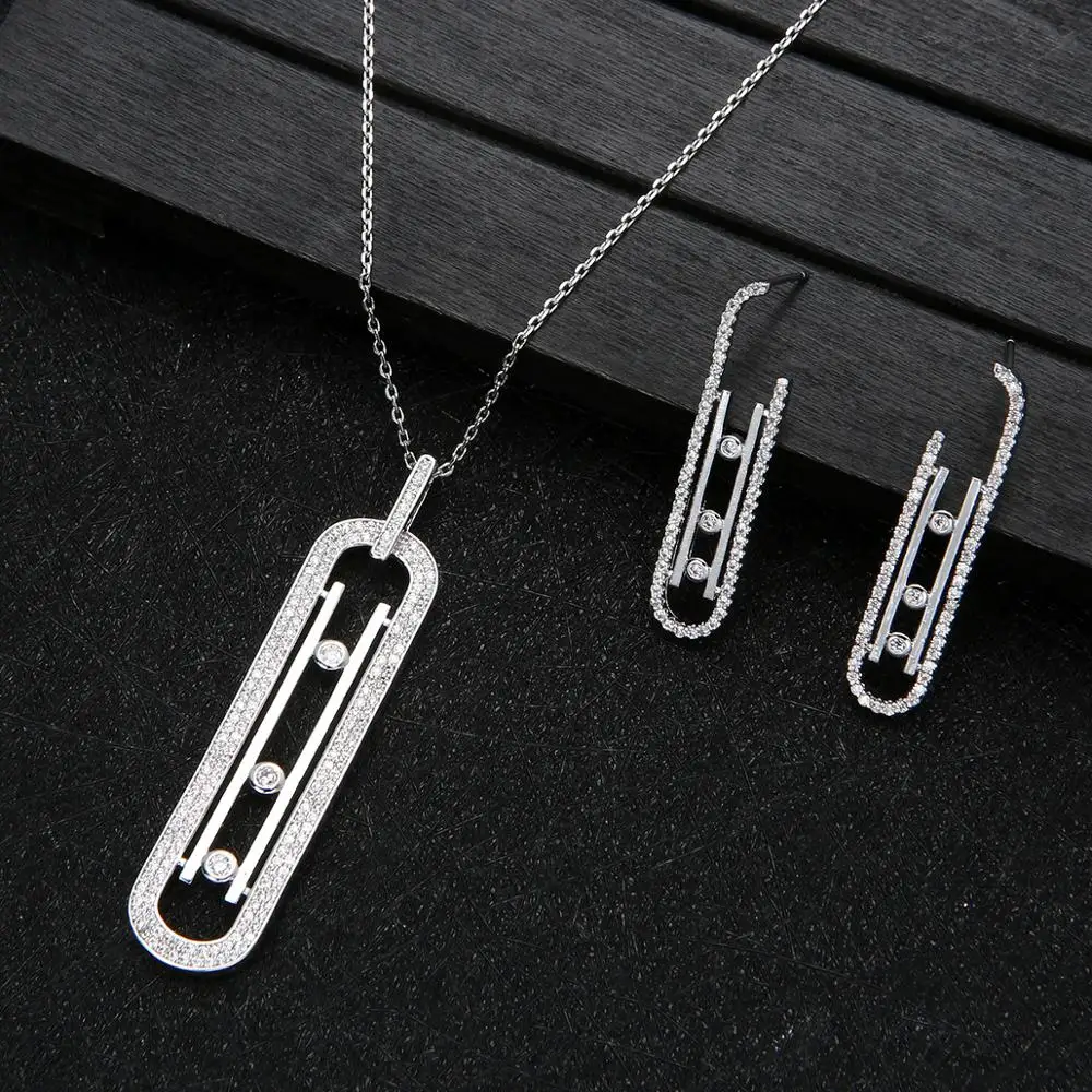 Luxury Geometry Link Stackable Pendant Necklace Earring ring set Beautiful Full Cubic Zircon Charm Women  Jewelry Gift e9361