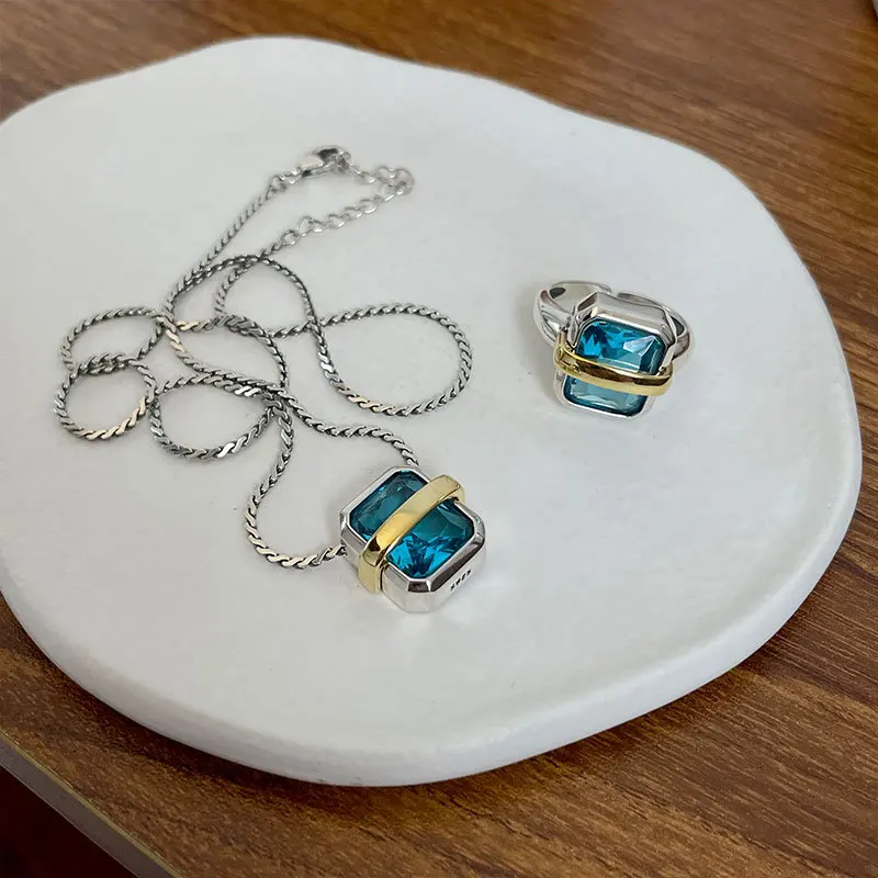 MEWANRY Silver Color Blue Zircon Necklace for Women Geometric Temperament Minimalist Chic Luxury Christmas Jewelry Gifts