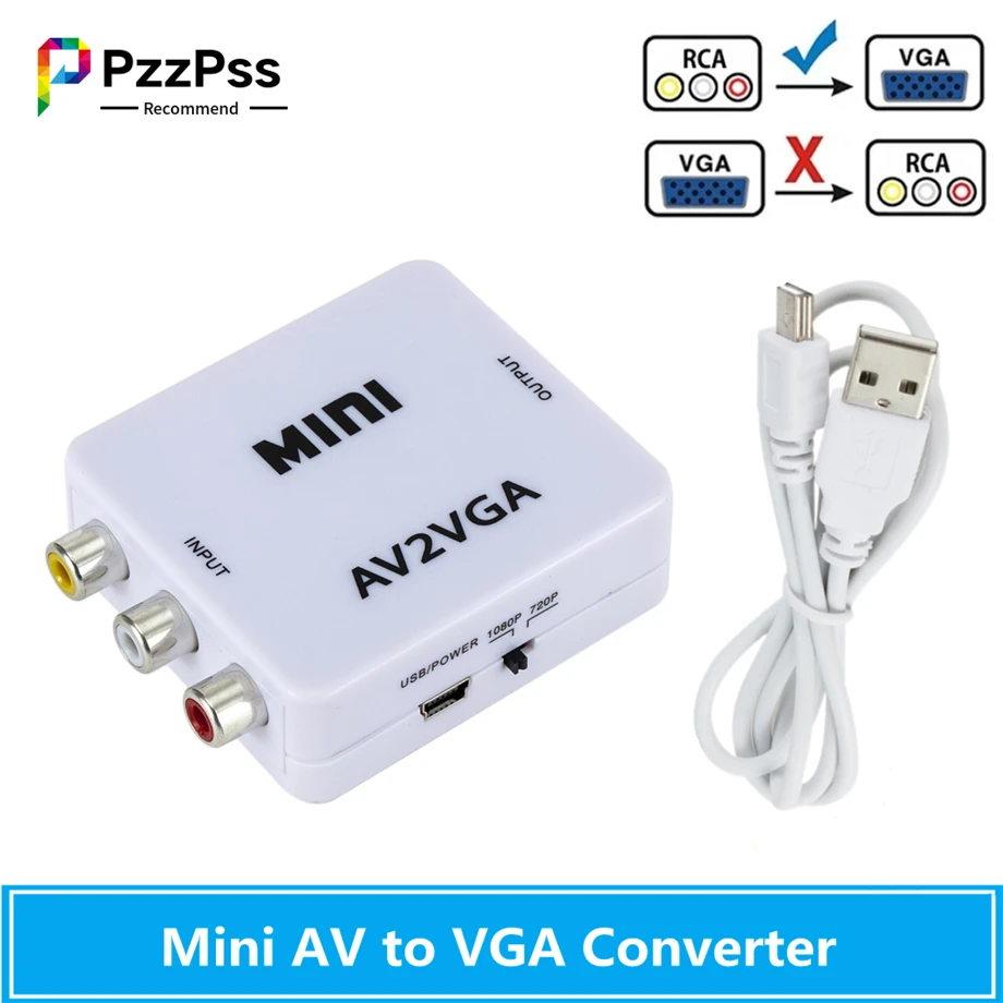 Pzzpss 1080p mini conversor de vídeo rca av para vga conversor de vídeo com áudio de 3.5mm av2vga/cvbs + áudio para pc hdtv