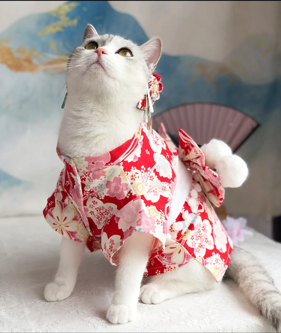 Japanese Style Thin Cat Dog Coat Kimono Summer Pet Clothes for Cats Dogs Cute Print with Bow-knot Kitten Sphynx Clothing Outfit