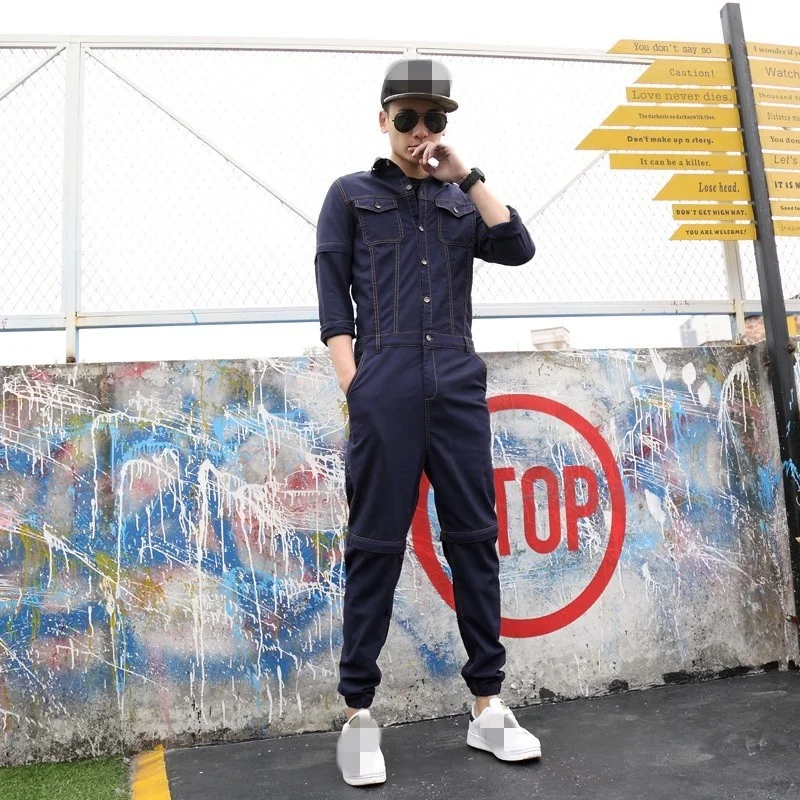 Jumpsuit Autumn Men Casual Trousers Vintage Detachable Denim Overalls One-Piece Cargo Pants Slim Fit Jean Jumpsuit Black/Blue