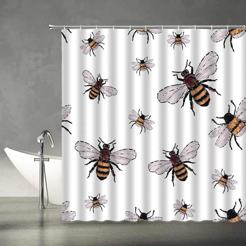 

Bees Shower Curtains Watercolor Bumble Big Honey Insects Funny Trendy Vintage White Black Yellow Fabric Bathroom Decor Set Hooks