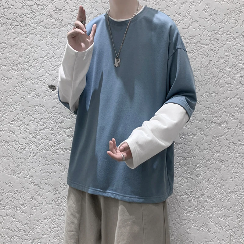 Autumn Summer Fake Two Long Sleeve Men Tshirts Fashion Trend Korean Style Loose Tops Oversized All-match Spliced Twice Clothing