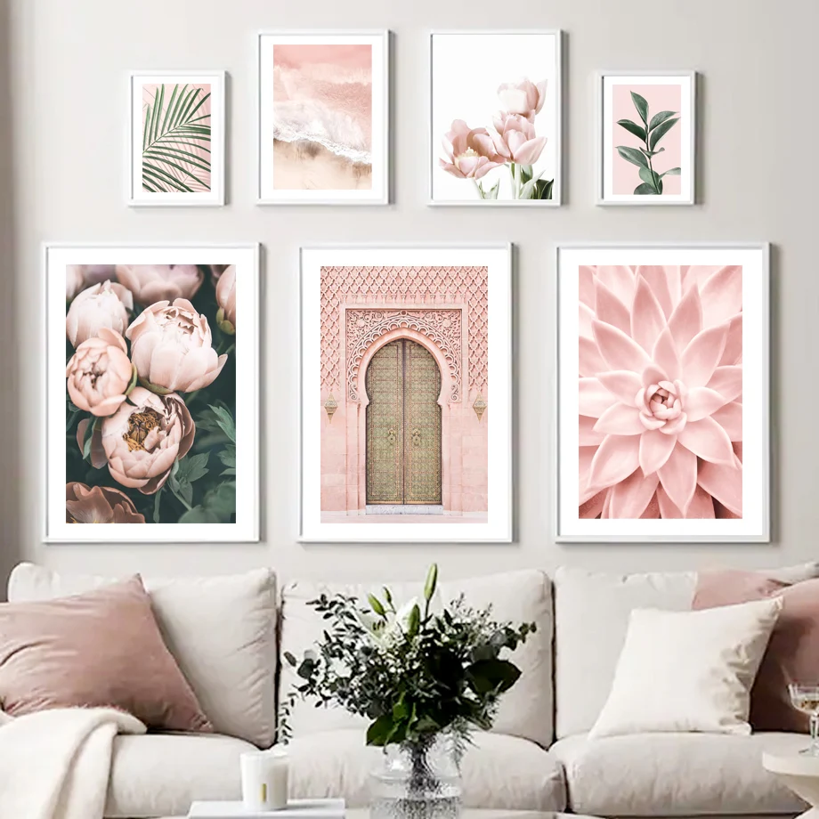 

Natural Morocco Door Palm Leaf Flower Waves Pink Succulents Wall Art Print Canvas Painting Poster Decor Pictures For Living Room