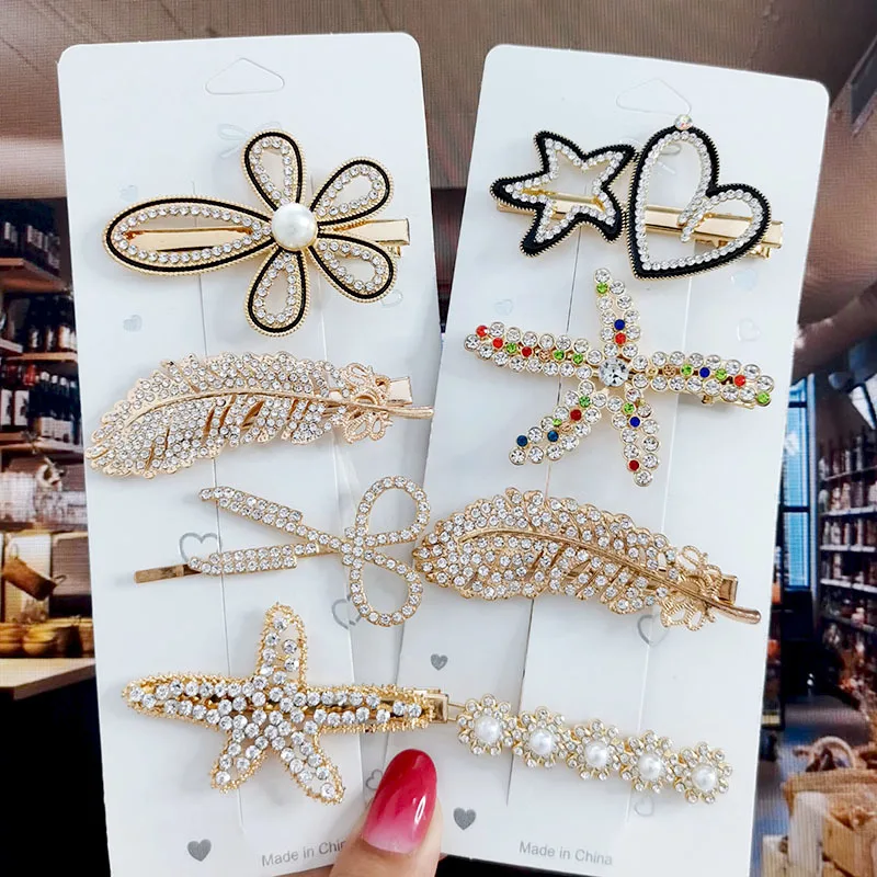 Gold Color Hair Clips Set Vintage Feather Starfish Crystal Pearls Hairpin For Women Fashion Headwear Hair Accessories 2022 New