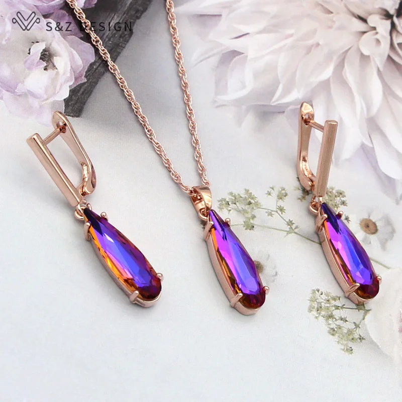 S&Z DESIGN New Fashion Water Drop Crystal Jewelry Sets For Women 585 Rose Gold Color Dangle Earrings Pendant Necklace