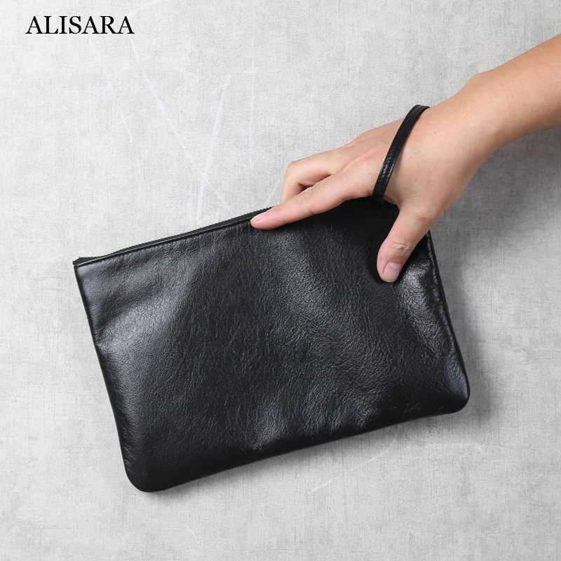 Alisara Clutch Bags Male First Layer Cow Leather Top End Men Business Wallet Casual Organizer Cell Phone Purses Hand Bag