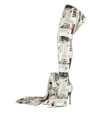 

Sexy Maggzine Paper Print Women Over The Knee Long Boots Shoes Thin High Heels Autumn Winter Pointed Toe Shoes