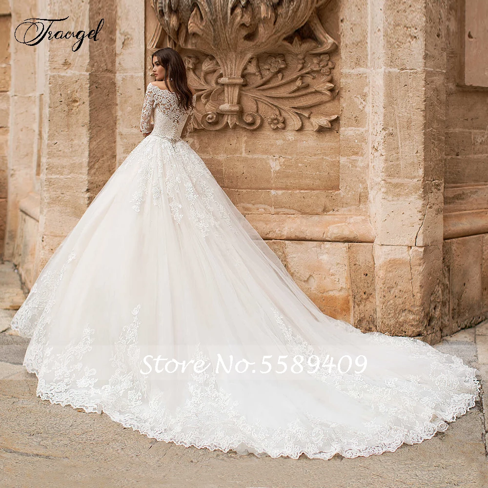 Traugel sexy barco pescoço manga longa rendas vestidos de casamento do vintage luxo applique faixas capela trem botão uma linha vestidos de noiva