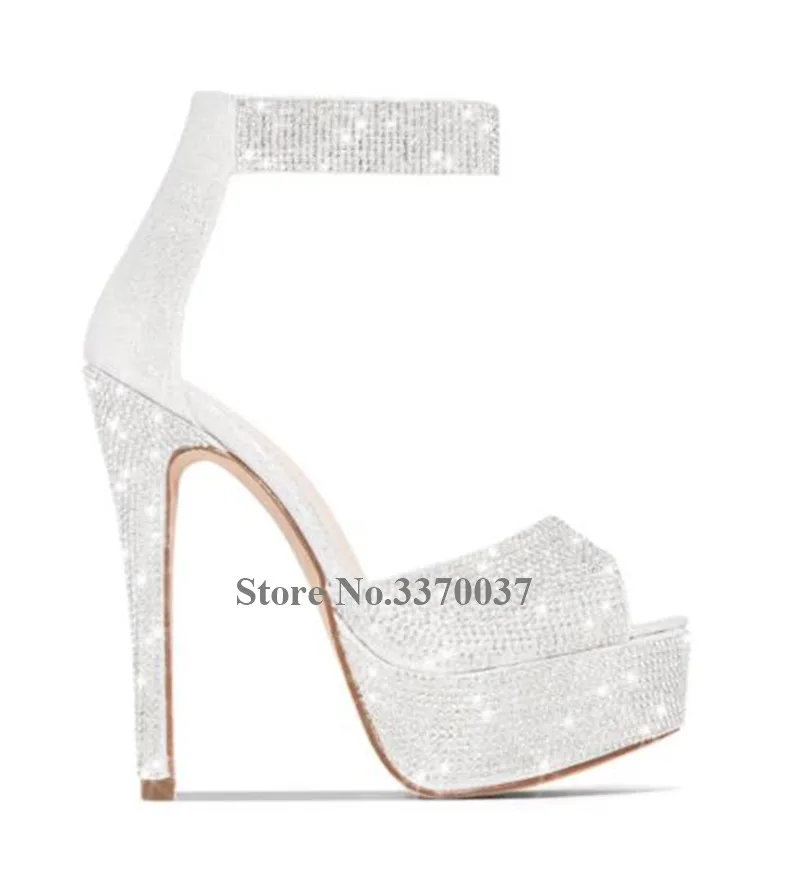 Bling Bling Luxurious Rhinestone Peep Toe Platform Stiletto Heel Pumps Ankle Strap Crystal High Heels Big Size Wedding Shoes