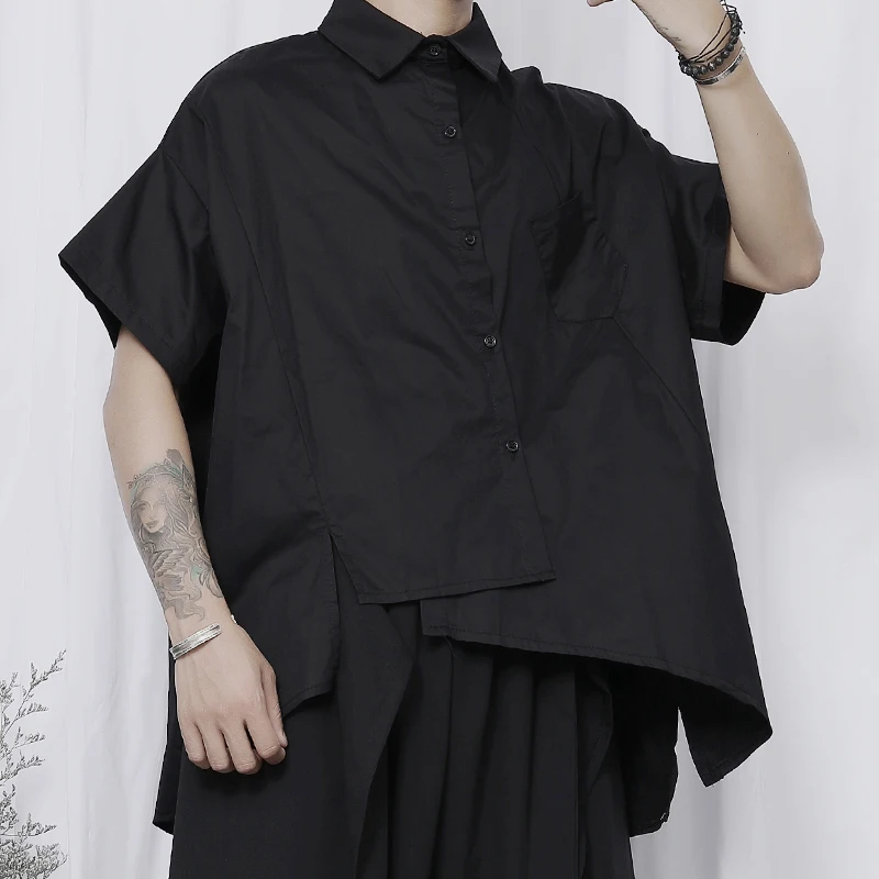 

Men's Short Sleeve Shirt Summer New Korean Japanese Personality Asymmetrical Split Design Fashion Loose Large Size Shirt