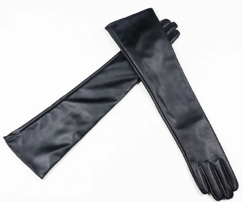 Luvas femininas de couro 50cm, luva de couro preta