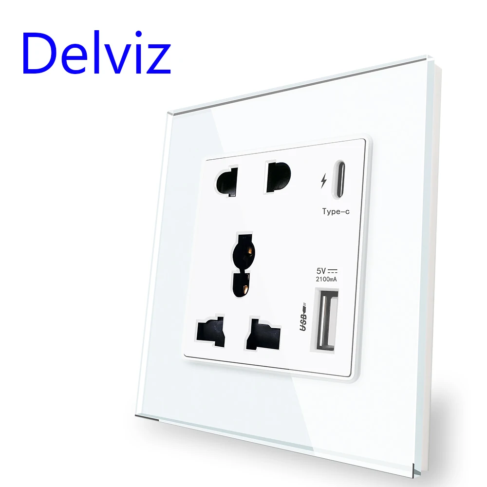 Delviz Type-C Interface Socket, Universal international,Crystal Glass Panel,Wall Power USB Outlet, 18W 4000mA Smart Quick Charge