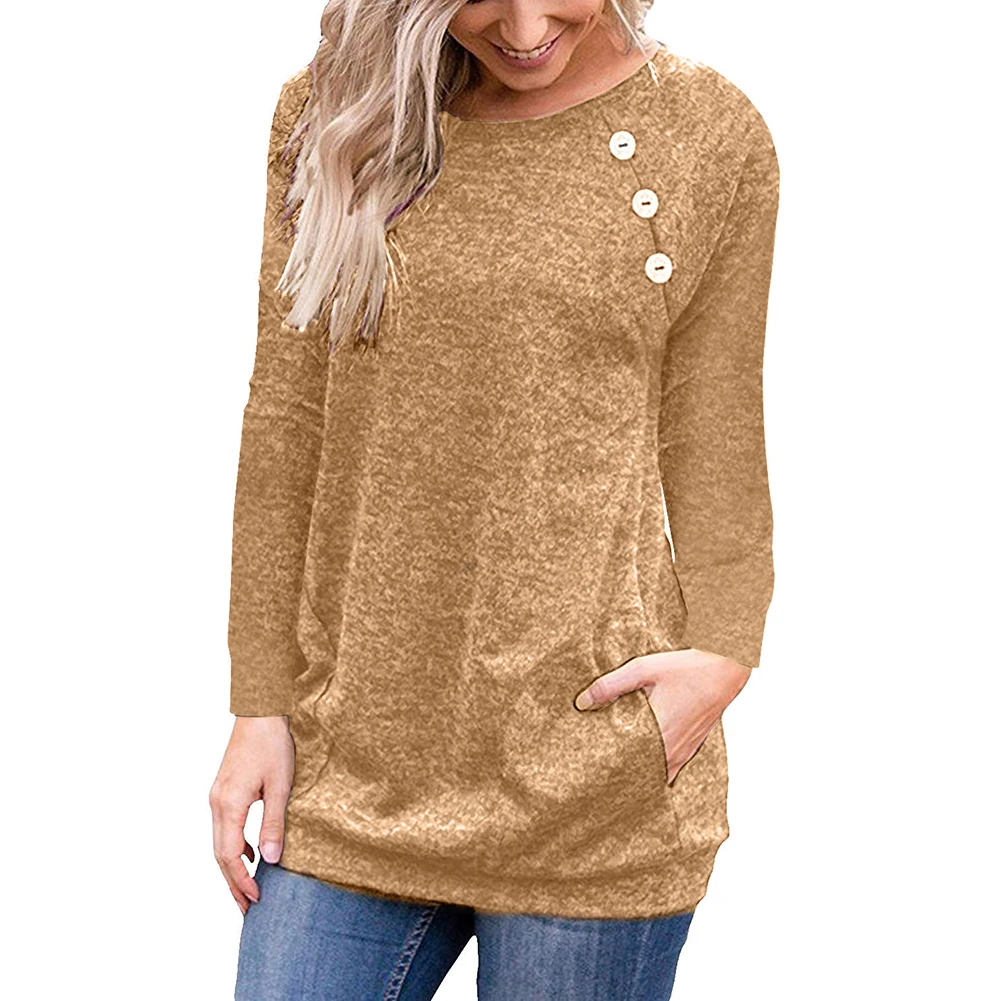 Autumn Women Sweater Tops Solid Color Long Sleeve Crew Neck Button Casual Pullover Blouse Female Clothing Ladies Loose Knitwear