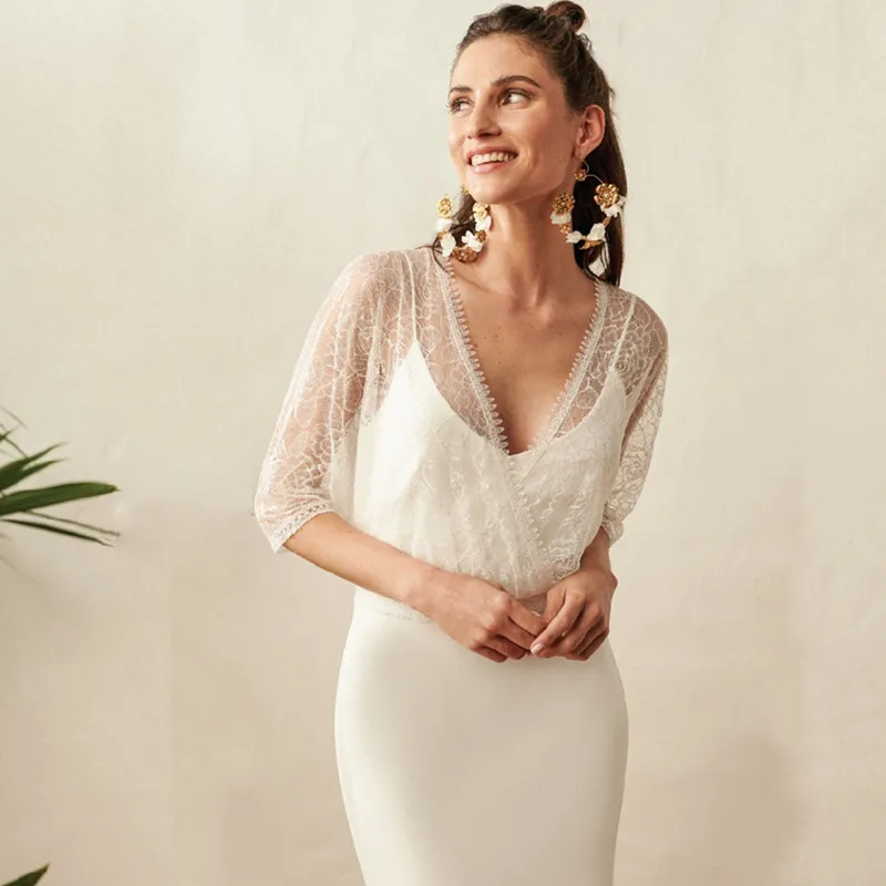 Robe de Mariée Élégante en Satin Style Boho, Tenue Simple avec Appliques en Dentelle, Demi Manches, Encolure Rond, 2 en 1, avec Traîne de Balayage, sur Mesure