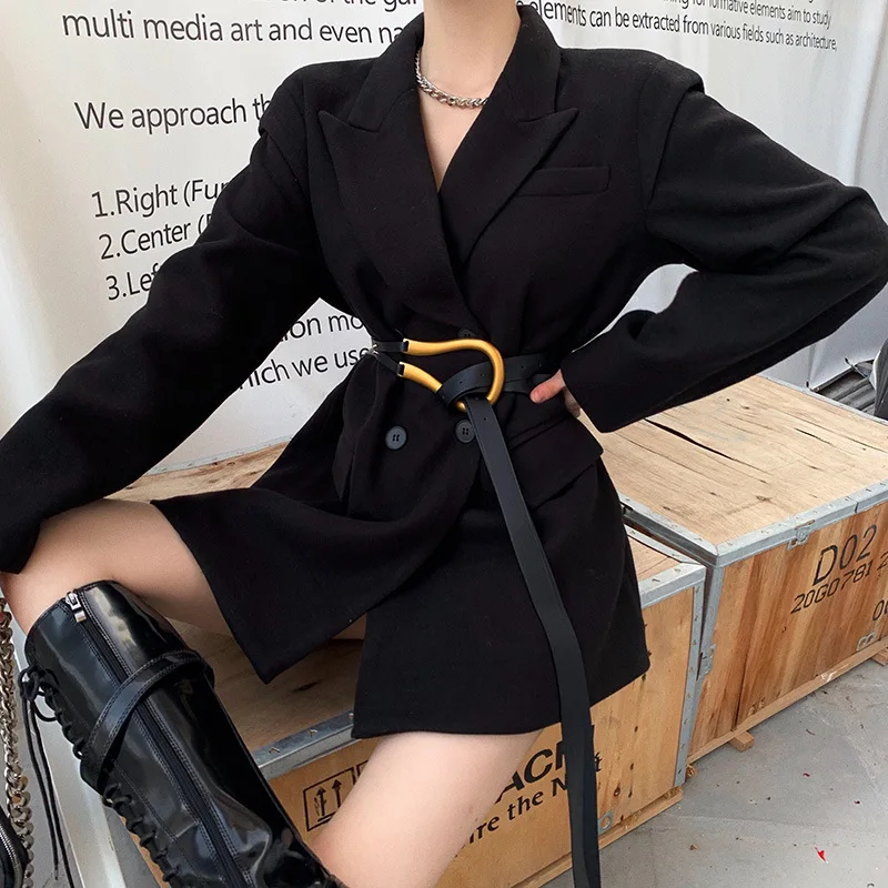 

2022 Spring Autumn New Women Blazer Korean Mid-Length Suit Coat Office Lady Suits Double-Breasted Female Outerwear With Belt