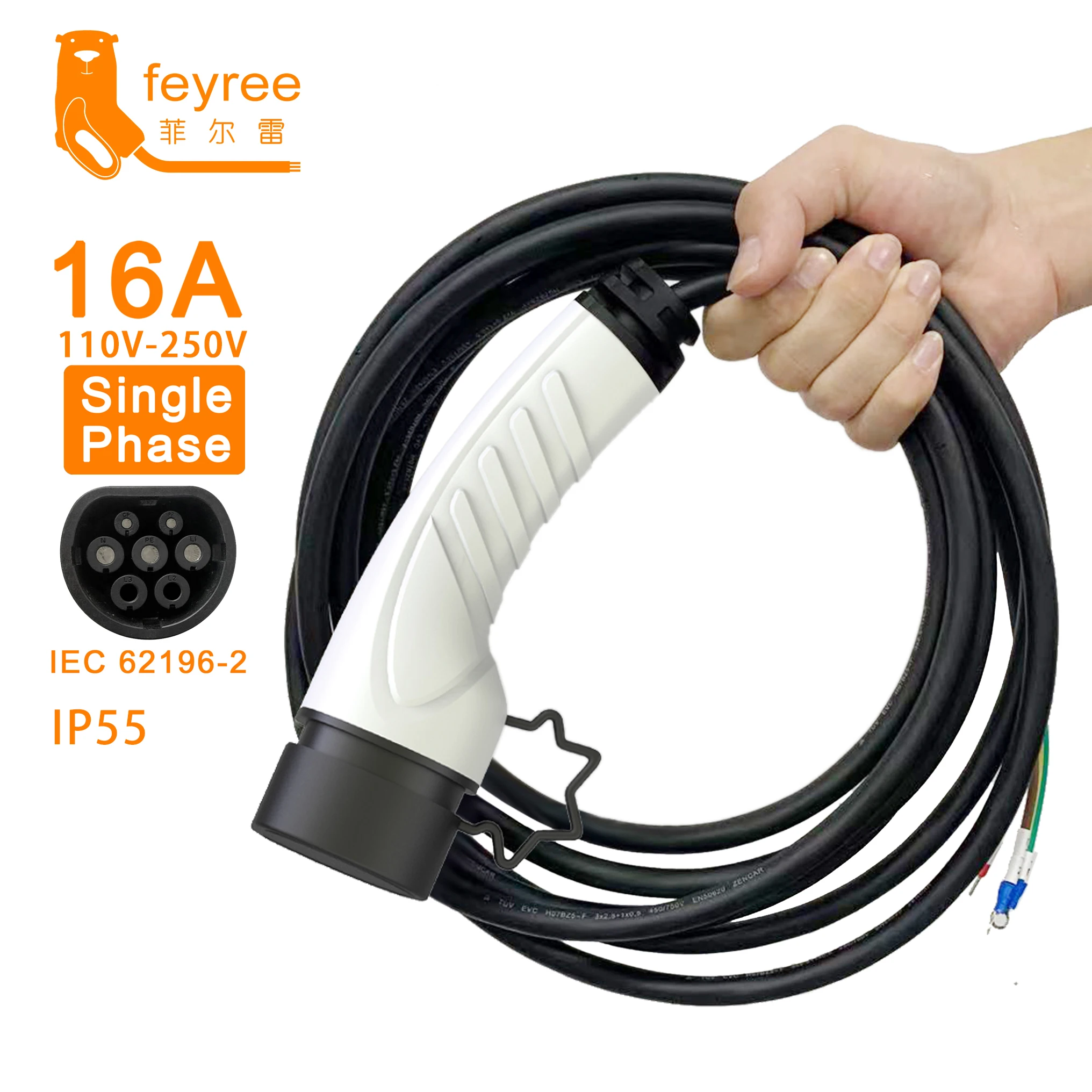 Feyree-enchufe de cargador EV para vehículo eléctrico, Cable tipo 2, 16A, 1 fase, estación de carga, 3 fases, 11kW, 22kW, Cable de IEC62196-2