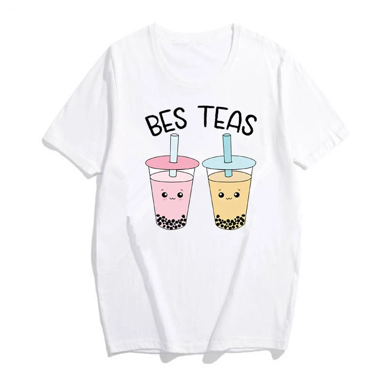 2020 Bes Teas Boba Tea T-Shirt Cute Besties Bubble Tea Shirt Kawaii Best Friends Shirt Ulzzang Matching Shirts Casual Tops