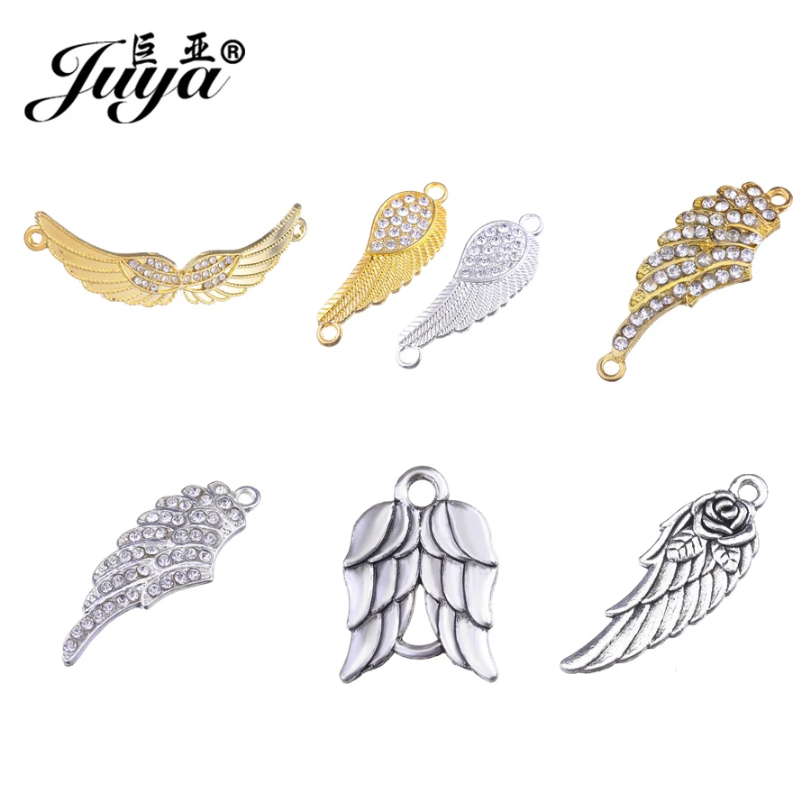 5PCS Rhineston Angel Wings Charms Connectors Jewelry Making For DIY Bracelet Pendant Necklace Alloy Crafts Handmade Accessories