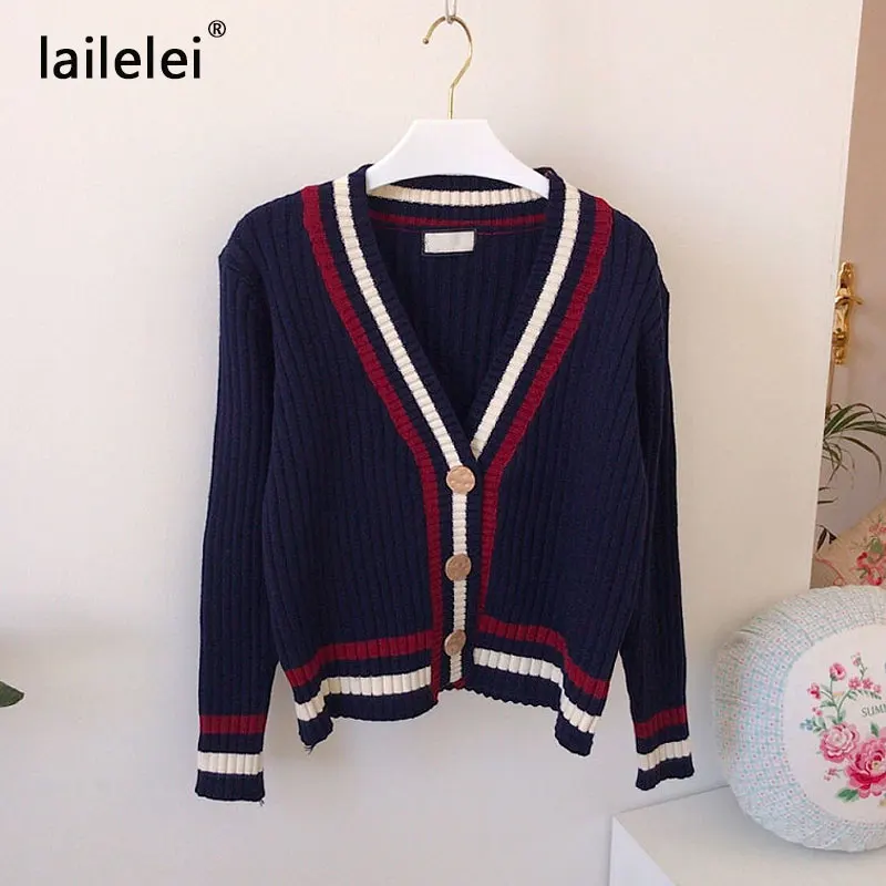 Chic bump color stripe edge v-neck knitting cardigan skirts two-piece outfit