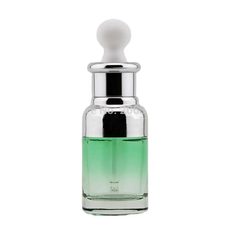 

NEW ARRIVAL 30ml green glass dropper bottle with silver shoulder and silver collar ,white bulb glass bottle