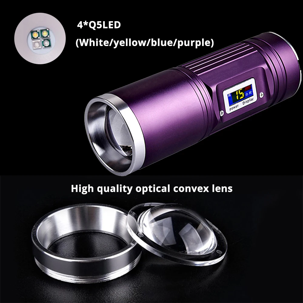 Powerful Portable LED Flashlight 4 Color Q5 LED Rechargeable Fishing Light Support Zoom with Battery Display Waterproof Torch