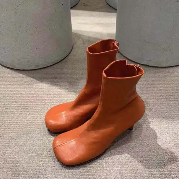 Hot Girls Fashion Black Orange Nude Sheep Skin Big Square Toe Ankle Boots Woman Genuine Leather 7 cm Heels Elastic Short Boots