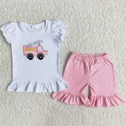 Embroidery Boutique Baby Girls Clothes Fire Truck Design Kids Clothes Girls Summer Shorts Sets Sibling Clothing for Boys Girls