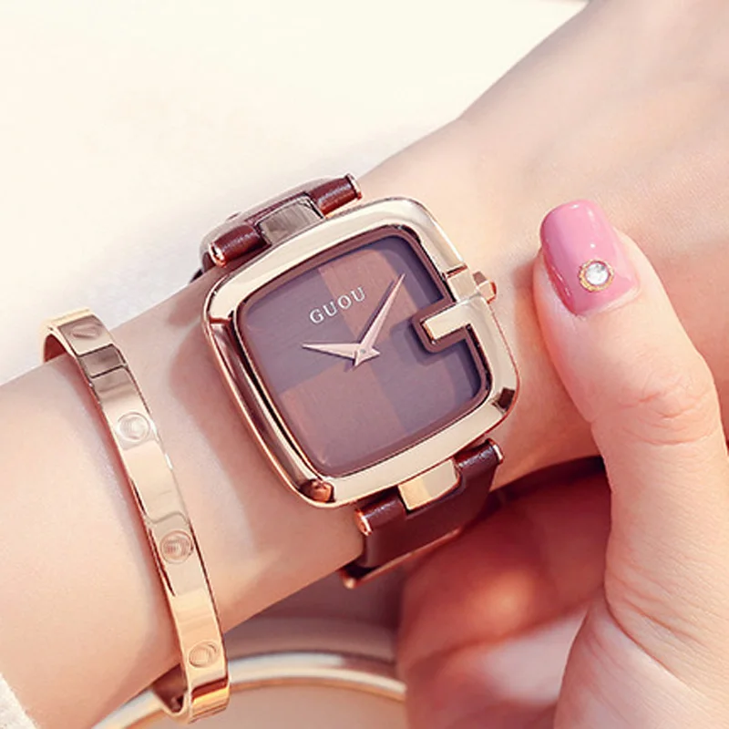 Guou-relojes de marca superior para mujer, pulsera de lujo con correa de cuero, cuadrada, a la moda, Saati, 2019