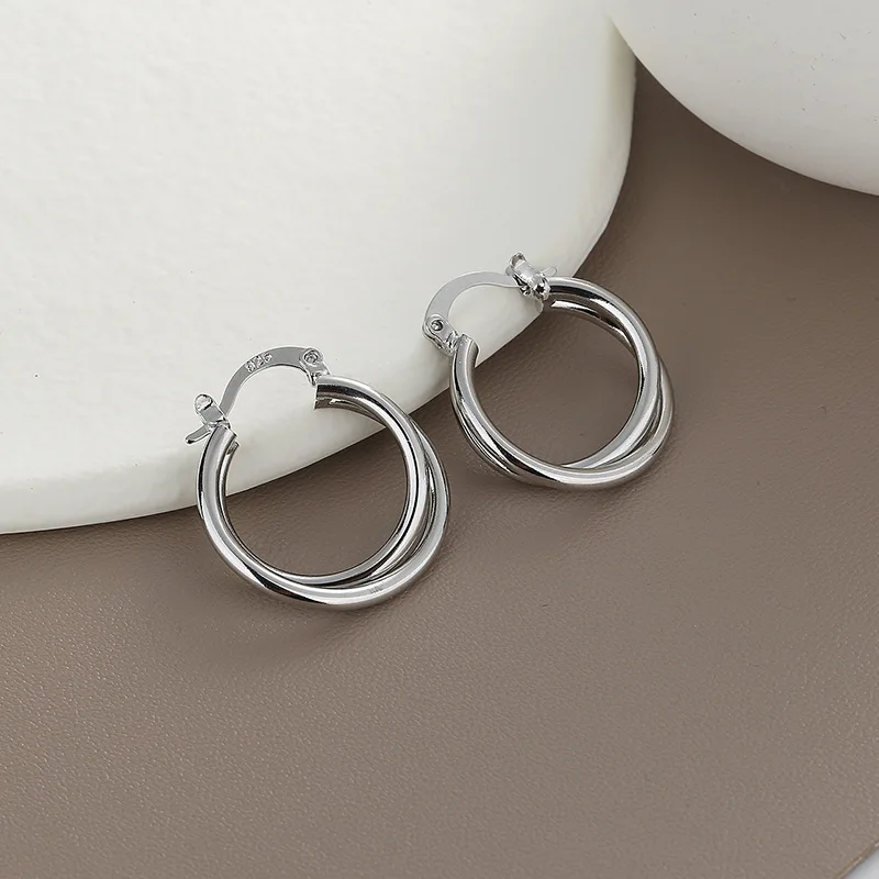 VENTFILLE 925 Sterling Silver Fashion Double Line Ear Buckle Ladies Personality Simple Cross Ear Hoop Jewelry Gift Wholesale