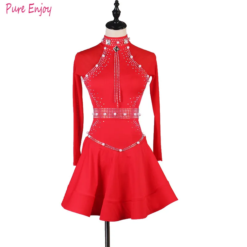 

Woman New Latin Performance Costume Luxury Diamond Dance Long Sleeve height collar Dress International Dance Dress Custom