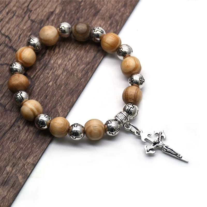 QIGO Virgin Christ Cross Bracelet Wood Plastic Beads Strand Bracelet For Men Women Religious Jewelry