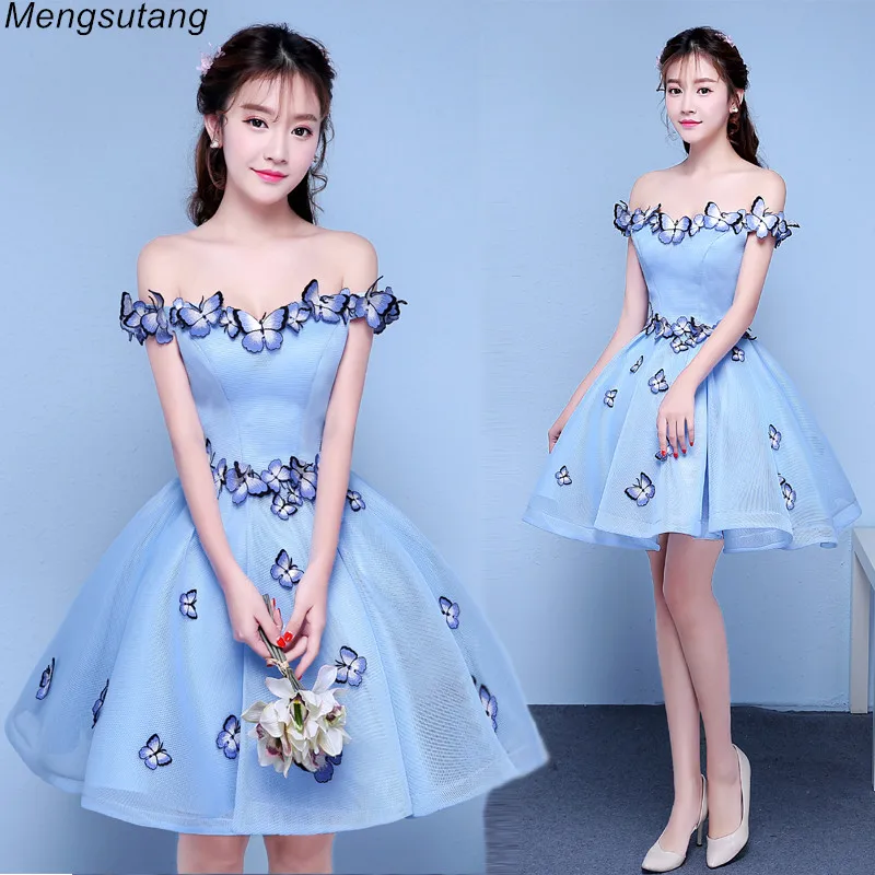 Robe de soiree Light blue Sexy Off the Shoulder Butterfly Pleated Ball Gown Evening Dresses vestido de festa Formal Prom Dresses