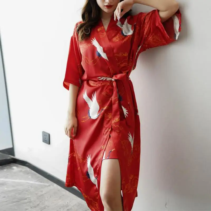 Faux Silk Print Crane Sleepwear Women Sexy Robe Kimono Gown Loose Intimate Lingerie 2021 New Bride Bridesmaid Wedding Robe