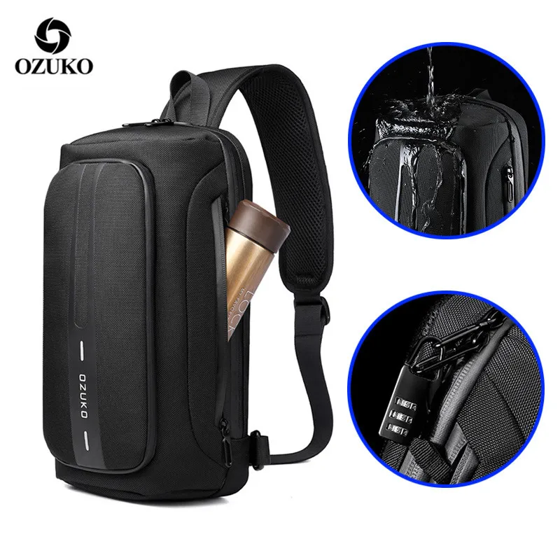 OZUKO-Bolso de pecho multifunción antirrobo para hombre, impermeable con carga USB bandolera, para exteriores